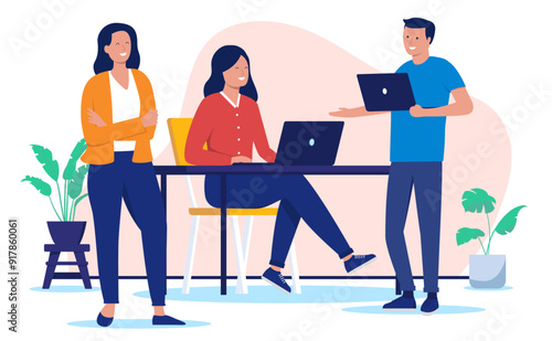 Office people talking - Group of three people working in team together discussing work and business together. Employee and colleague communication concept in flat design vector illustration