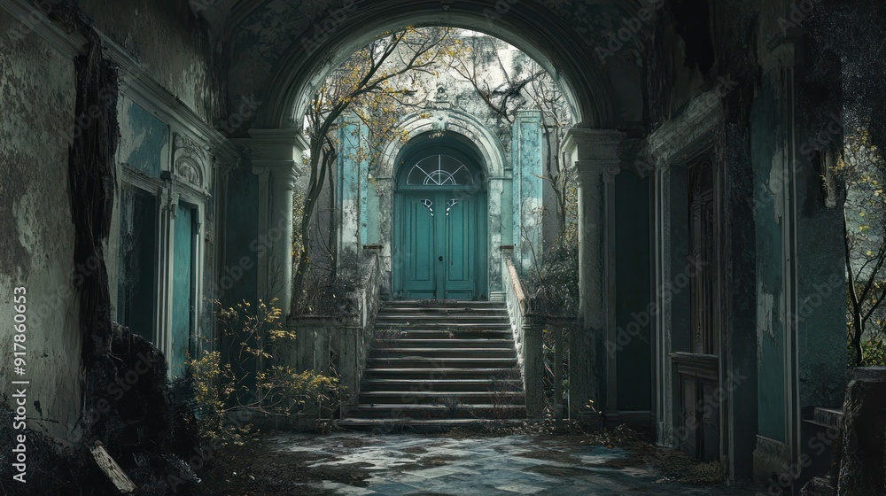 A Teal Doorway in an Overgrown Abandoned Mansion A Teal Doorway in an Overgrown Abandoned Mansion