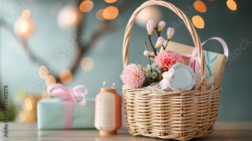 A beautifully arranged gift basket featuring flowers, decorative items, and wrapped presents, perfect for any celebration. photo