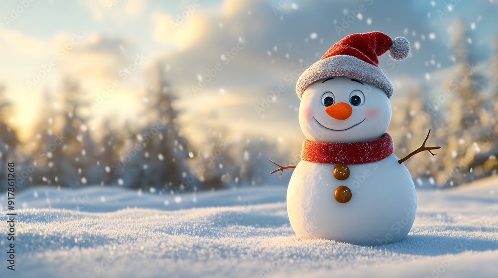 A Cheerful Snowman Standing in a Snowy Winter Wonderland with a Red Santa Hat and Scarf, Enjoying the Falling Snow and the Golden Hour Light A Cheerful Snowman Standing in a Snowy Winter Wonderland with a Red Santa Hat and Scarf, Enjoying the Falling Snow and the Golden Hour Light