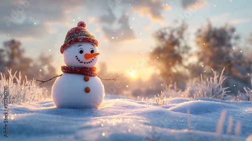 A Cheerful Snowman Standing in a Snowy Landscape Under a Golden Sunset Sky