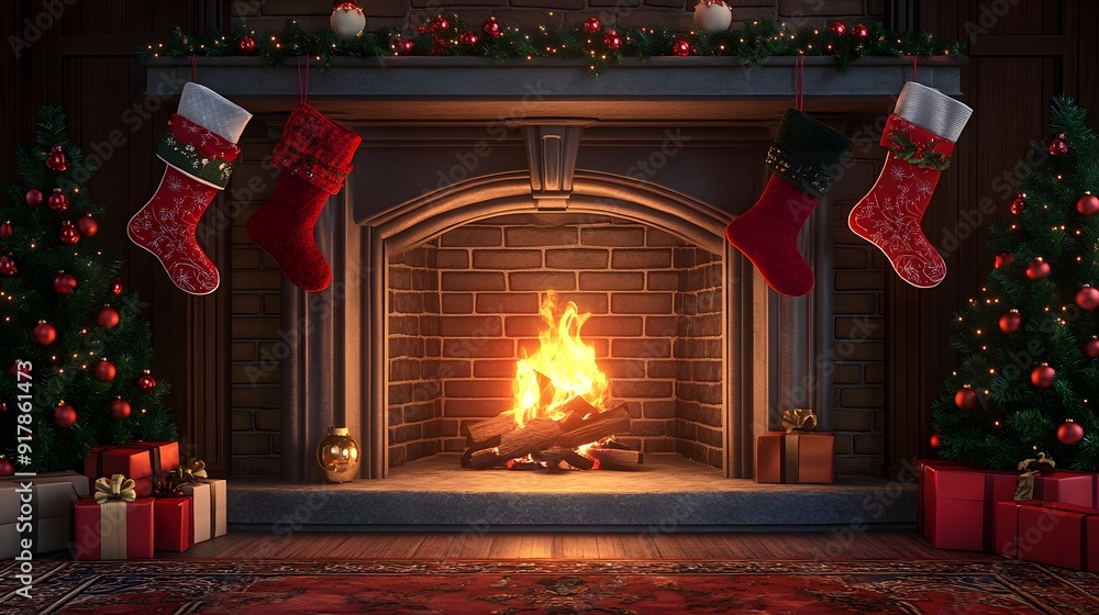 A Cozy Christmas Eve Scene with a Warm Fireplace, Decorated Christmas Trees, and Presents Underneath A Cozy Christmas Eve Scene with a Warm Fireplace, Decorated Christmas Trees, and Presents Underneath