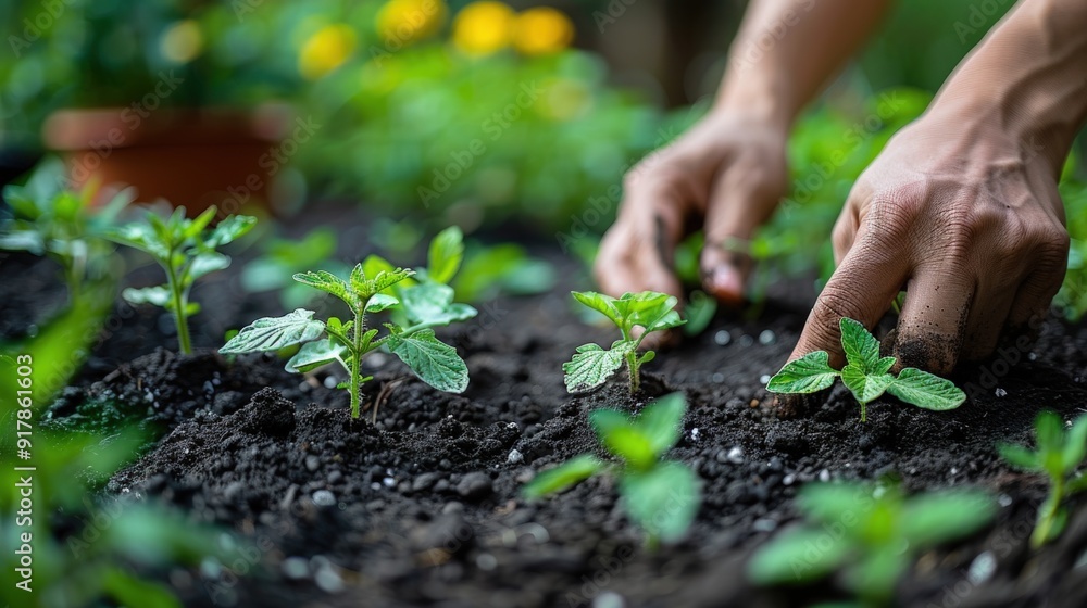 A pair of hands are shown planting young saplings into the soil. A pair of hands are shown planting young saplings into the soil.