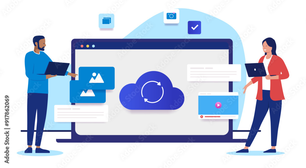 Working in the cloud - Two people with large computer screen doing work and tasks using cloud technology together. Flat design vector illustration with white background Working in the cloud - Two people with large computer screen doing work and tasks using cloud technology together. Flat design vector illustration with white background