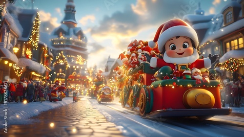 A Festive Christmas Train Ride Through a Snowy Town with a Cheerful Cartoon Santa