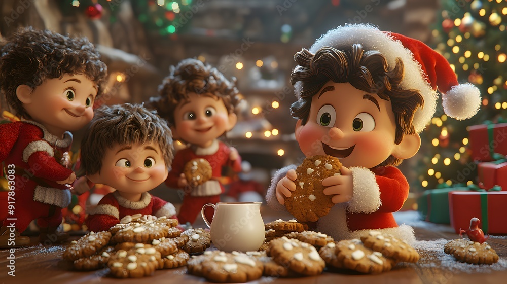 A Festive Gathering of Cheerful Cartoon Elves Enjoying Christmas Cookies and Milk by a Christmas Tree A Festive Gathering of Cheerful Cartoon Elves Enjoying Christmas Cookies and Milk by a Christmas Tree
