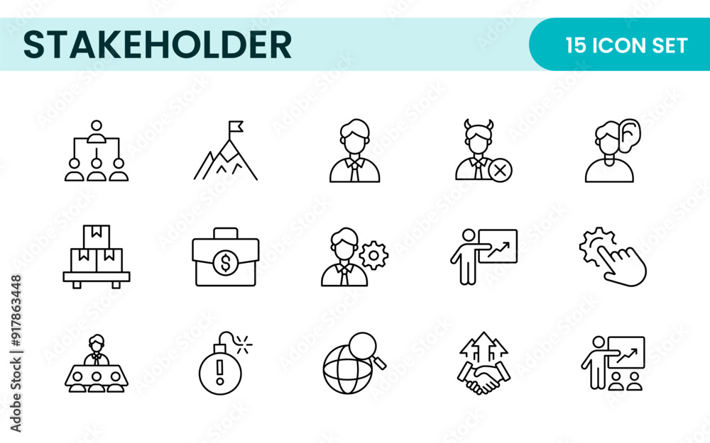 Stakeholder outline icons set. Business, teamwork, trade unions, suppliers, government, customers, creditors, community, investors and partners. Stakeholder outline icons set. Business, teamwork, trade unions, suppliers, government, customers, creditors, community, investors and partners.