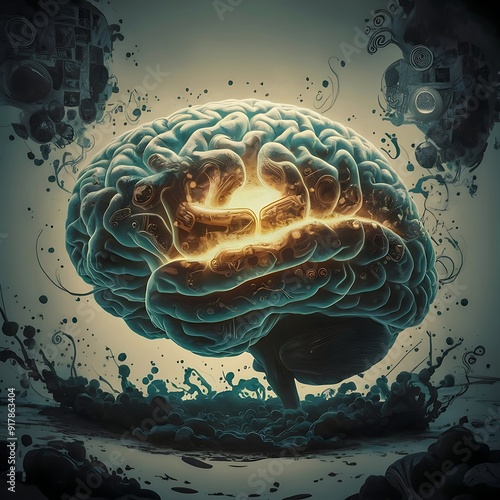 Digital art of a glowing brain in a surreal environment, symbolizing creativity, intelligence, and mental energy, futuristic concept for technology, innovation, and science themes. photo