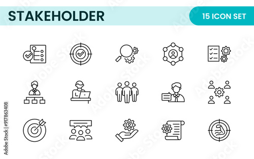 Stakeholder outline icons set. Business, teamwork, trade unions, suppliers, government, customers, creditors, community, investors and partners.
