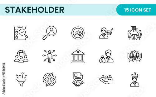 Stakeholder outline icons set. Business, teamwork, trade unions, suppliers, government, customers, creditors, community, investors and partners.