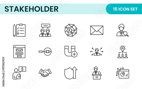 Stakeholder outline icons set. Business, teamwork, trade unions, suppliers, government, customers, creditors, community, investors and partners.