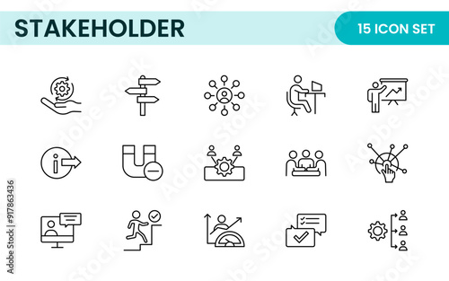 Stakeholder outline icons set. Business, teamwork, trade unions, suppliers, government, customers, creditors, community, investors and partners.