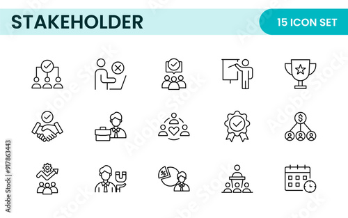 Stakeholder outline icons set. Business, teamwork, trade unions, suppliers, government, customers, creditors, community, investors and partners.