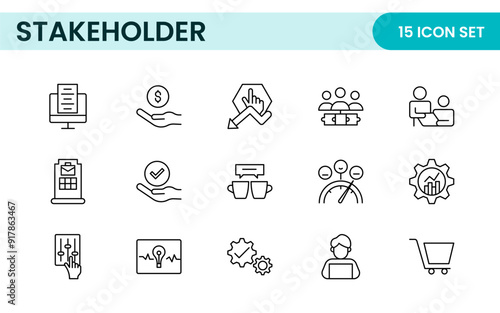 Stakeholder outline icons set. Business, teamwork, trade unions, suppliers, government, customers, creditors, community, investors and partners.