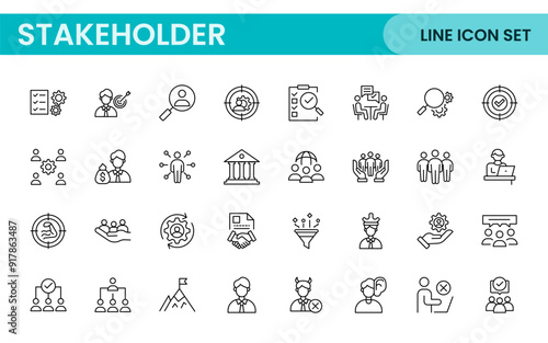 Stakeholder outline icons set. Business, teamwork, trade unions, suppliers, government, customers, creditors, community, investors and partners.