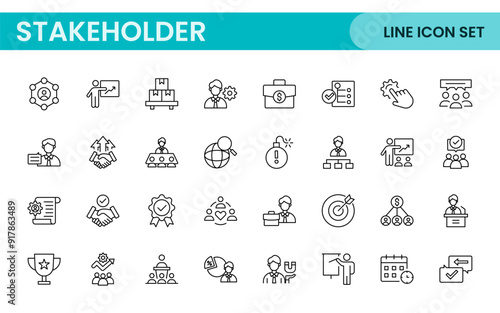 Stakeholder outline icons set. Business, teamwork, trade unions, suppliers, government, customers, creditors, community, investors and partners.