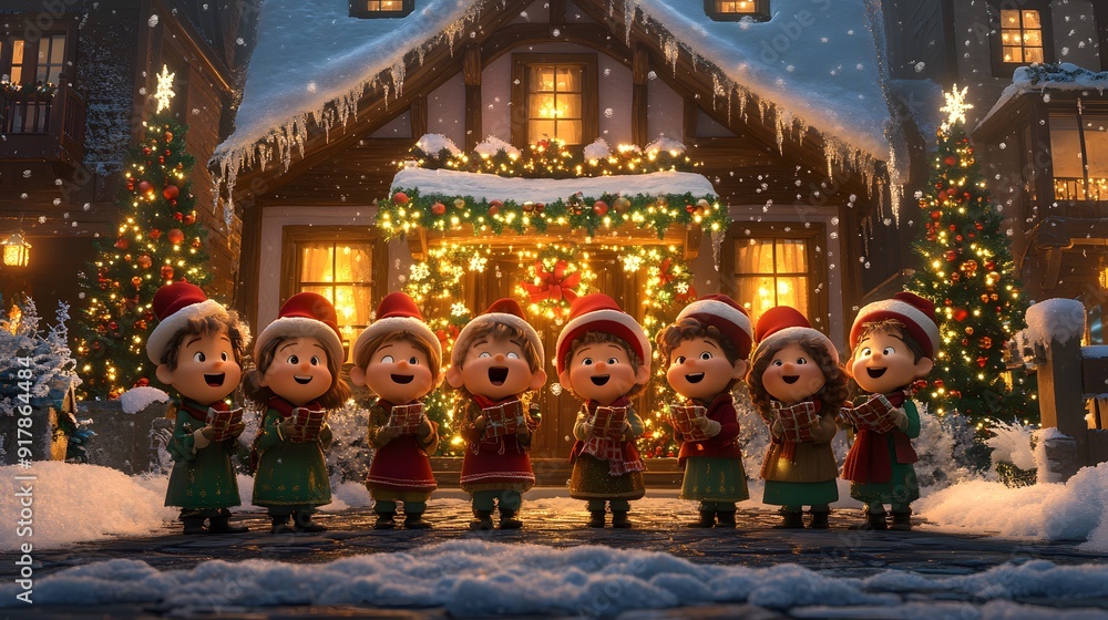 A Joyful Christmas Carol: Seven Children Singing in Front of a Snowy House Decorated with Christmas Lights and Ornaments A Joyful Christmas Carol: Seven Children Singing in Front of a Snowy House Decorated with Christmas Lights and Ornaments