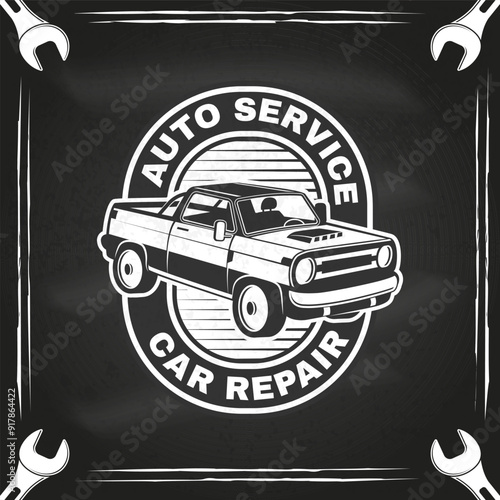 Auto service logo, emblems, badges, sticker on the chalkboard. Vector. Service car repair, restoration and car club design elements