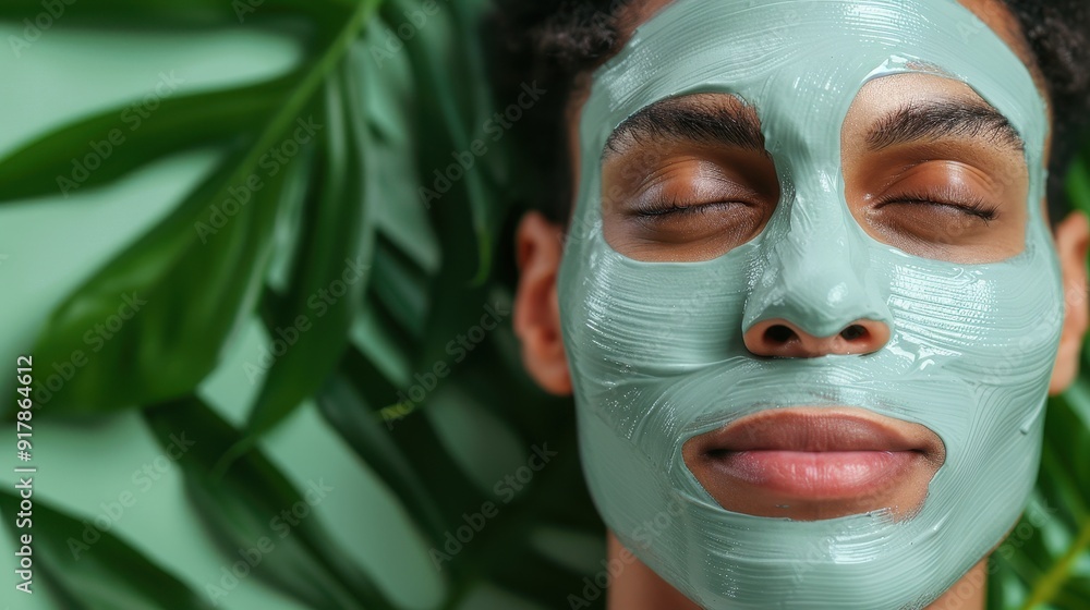 Relaxing self-care moment with a refreshing green facial mask on a man, surrounded by lush greenery. Ideal for beauty themes. Relaxing self-care moment with a refreshing green facial mask on a man, surrounded by lush greenery. Ideal for beauty themes.