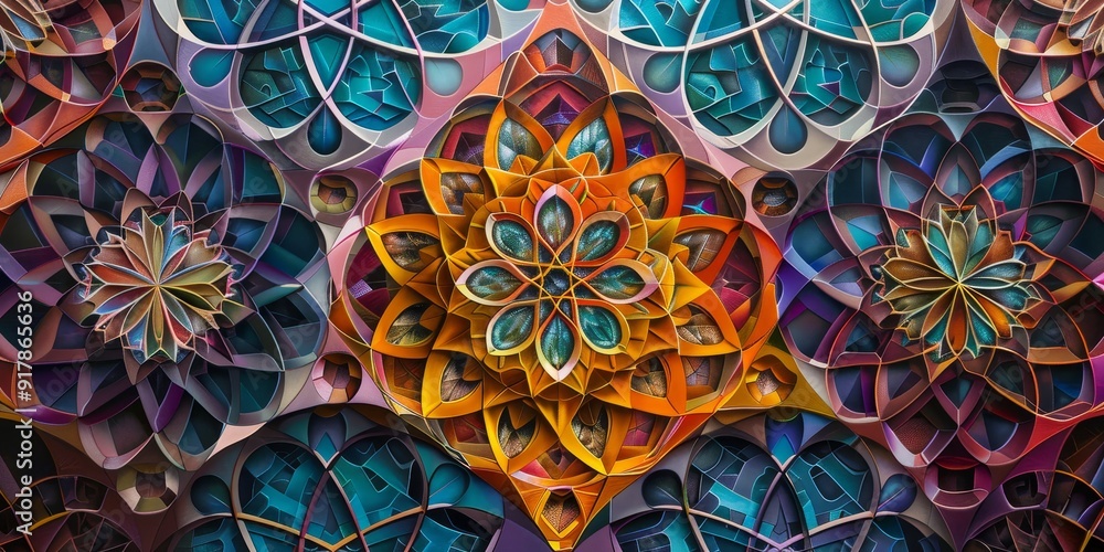 An enchanting and intricate pattern of geometric shapes and vivid colors, blending together to form a captivating and mesmerizing visual design An enchanting and intricate pattern of geometric shapes and vivid colors, blending together to form a captivating and mesmerizing visual design