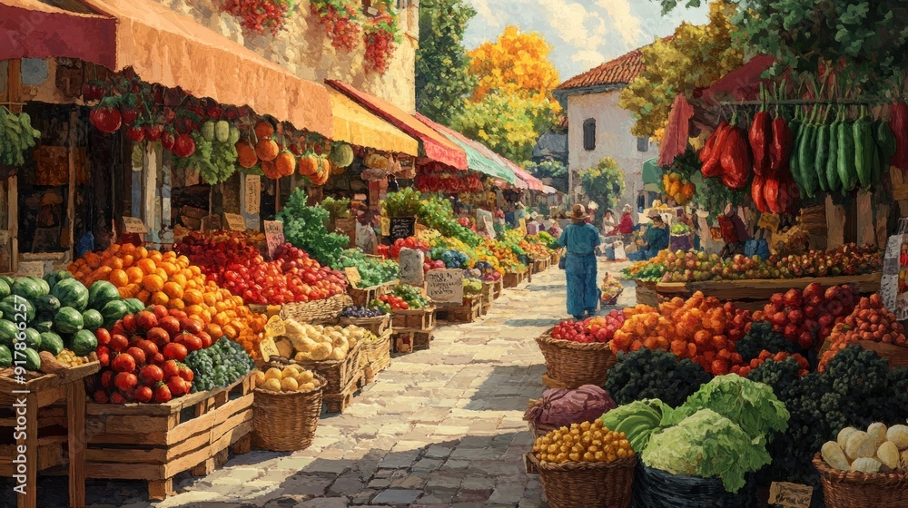 A bustling marketplace filled with vibrant fruits and vegetables A bustling marketplace filled with vibrant fruits and vegetables