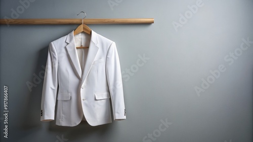 A crisp, white jacket hangs neatly on a wooden hanger against a light gray background, accentuating its clean lines, classic design, and professional appeal.