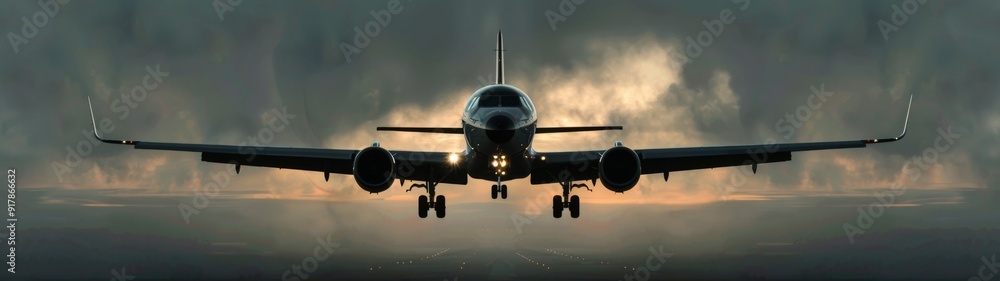 Fototapeta premium Vintage airplane silhouette soaring against a vibrant sunset sky, evoking nostalgia for classic aviation, symbolizing travel, adventure, and the spirit of exploration.