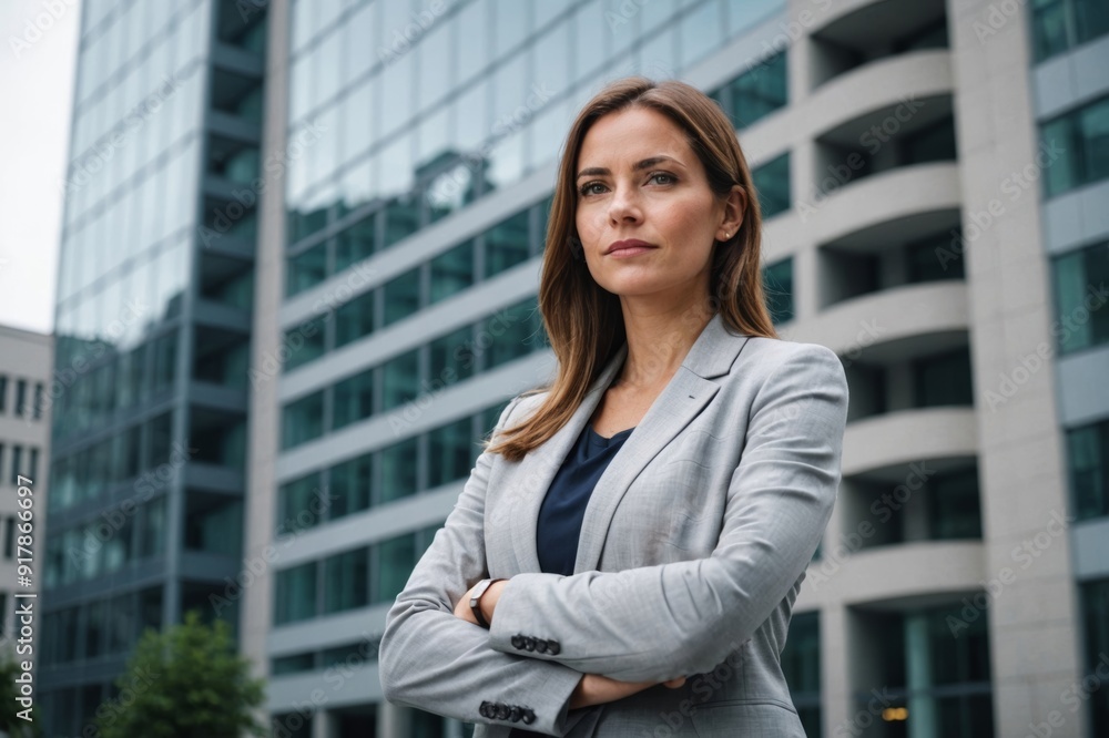 Fototapeta premium Low angle portrait of beautiful and young female CEO standing with arms crossed against office building