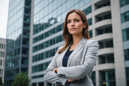 Low angle portrait of beautiful and young female CEO standing with arms crossed against office building photo