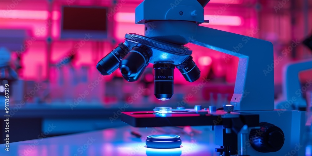 Modern research microscope on a lab bench, featuring illuminated optics and a clear view of a specimen slide for detailed scientific observation and research Modern research microscope on a lab bench, featuring illuminated optics and a clear view of a specimen slide for detailed scientific observation and research