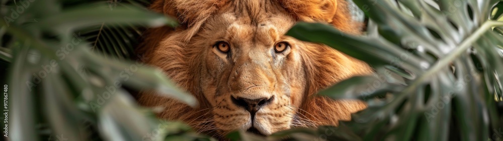 Fototapeta premium Exotic lion amidst lush tropical flora, vibrant summer wildlife scene, vintage safari wallpaper design, enchanting paradise atmosphere under a purple sky.