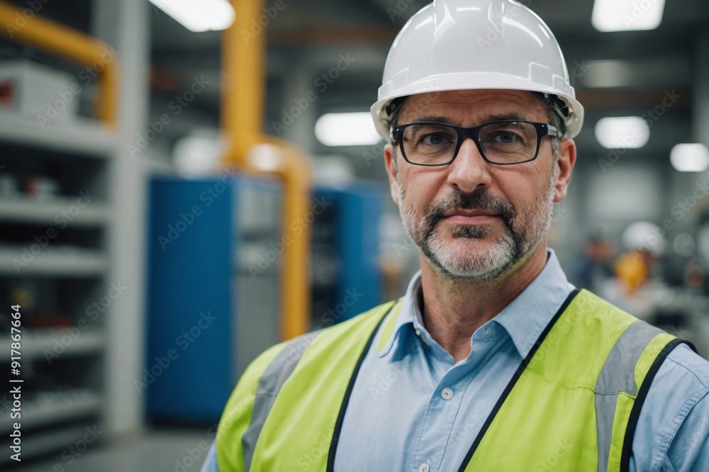 Portrait of a Middle Aged, Successful Male Engineer in White Hard Hat and Safety Glasses, Standing at Electronics Manufacturing Factory Portrait of a Middle Aged, Successful Male Engineer in White Hard Hat and Safety Glasses, Standing at Electronics Manufacturing Factory