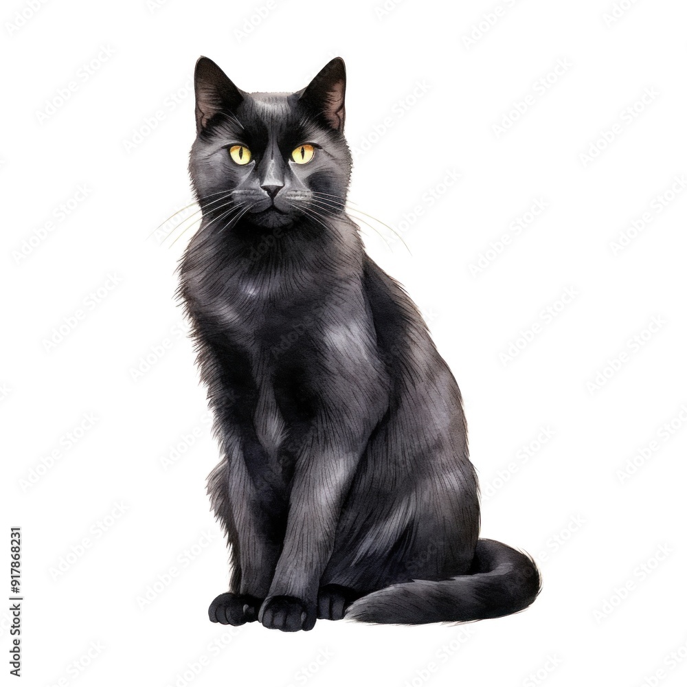 Detailed Illustration of a Black Cat with Yellow Eyes on a White Background - Elegant Pet Portrait Detailed Illustration of a Black Cat with Yellow Eyes on a White Background - Elegant Pet Portrait