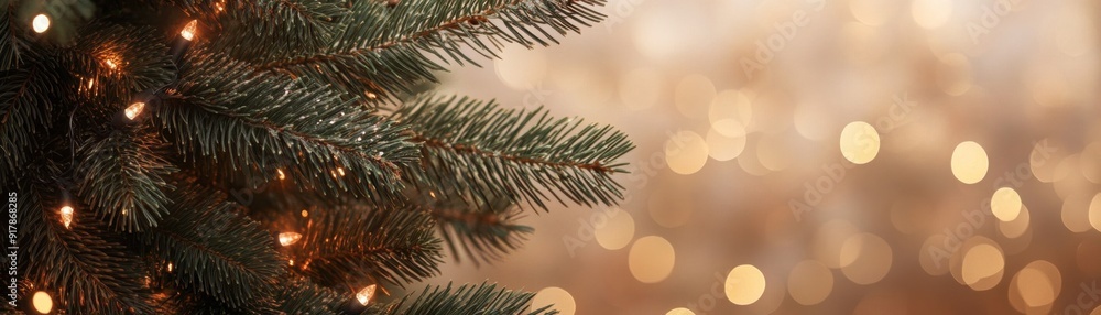Close-up of a Christmas tree branch adorned with twinkling lights, set against a warm golden bokeh background for a festive holiday feel. Close-up of a Christmas tree branch adorned with twinkling lights, set against a warm golden bokeh background for a festive holiday feel.