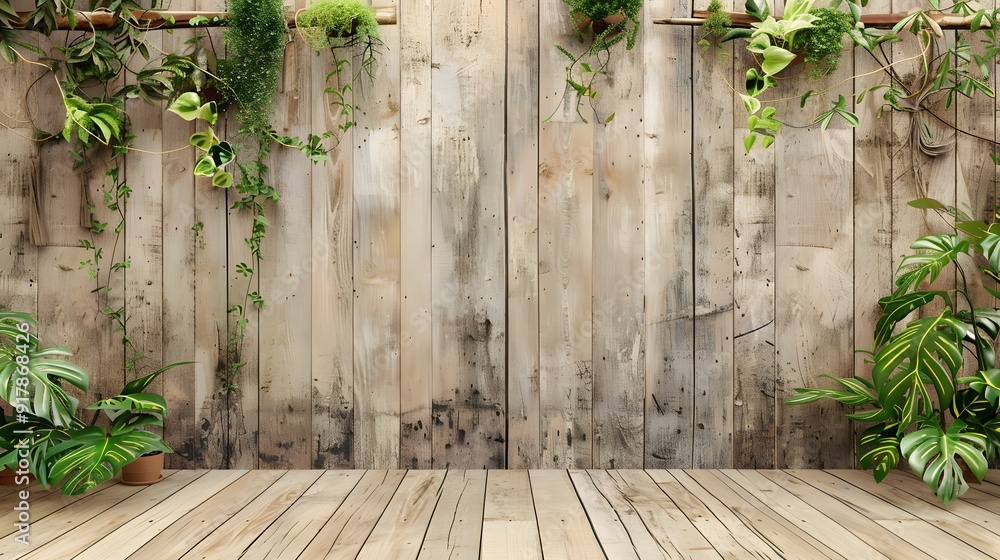 Rustic wooden floor and wall with plants as a backdrop for product presentation Rustic wooden floor and wall with plants as a backdrop for product presentation
