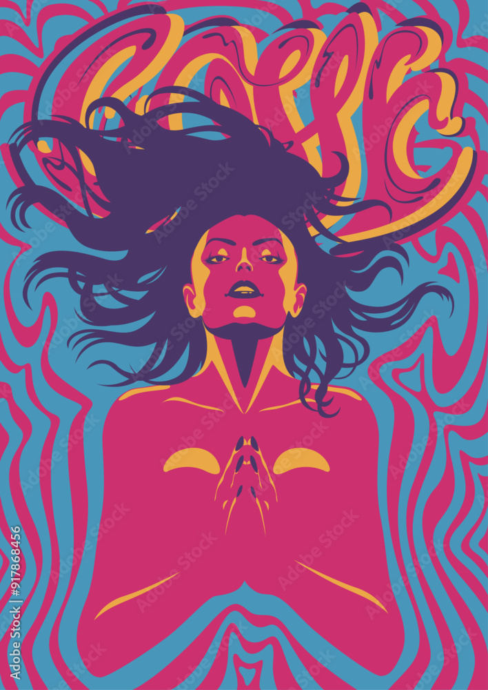 1960s Style Psychedelic Poster, Sexy Beauty in Sunglasses, Hippie Girl, Hands folded in Prayer, Psychedelic Color Background 1960s Style Psychedelic Poster, Sexy Beauty in Sunglasses, Hippie Girl, Hands folded in Prayer, Psychedelic Color Background