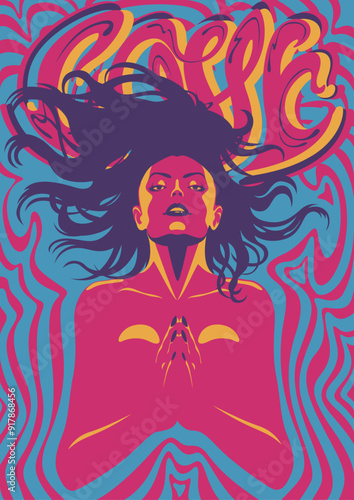 1960s Style Psychedelic Poster, Sexy Beauty in Sunglasses, Hippie Girl, Hands folded in Prayer, Psychedelic Color Background