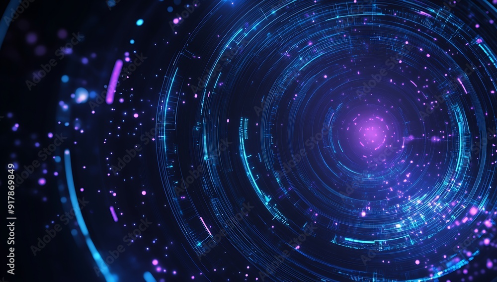 Fototapeta premium Abstract futuristic background with glowing neon lights and circular patterns.