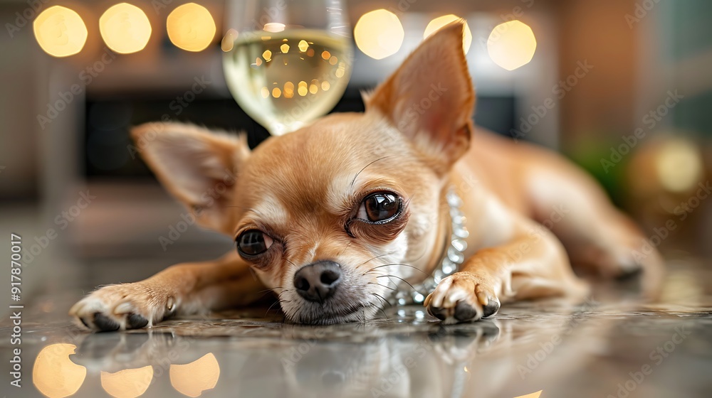 Close-Up Of Chihuahua Wearing Diamond Necklace With Wine Glass Close-Up Of Chihuahua Wearing Diamond Necklace With Wine Glass