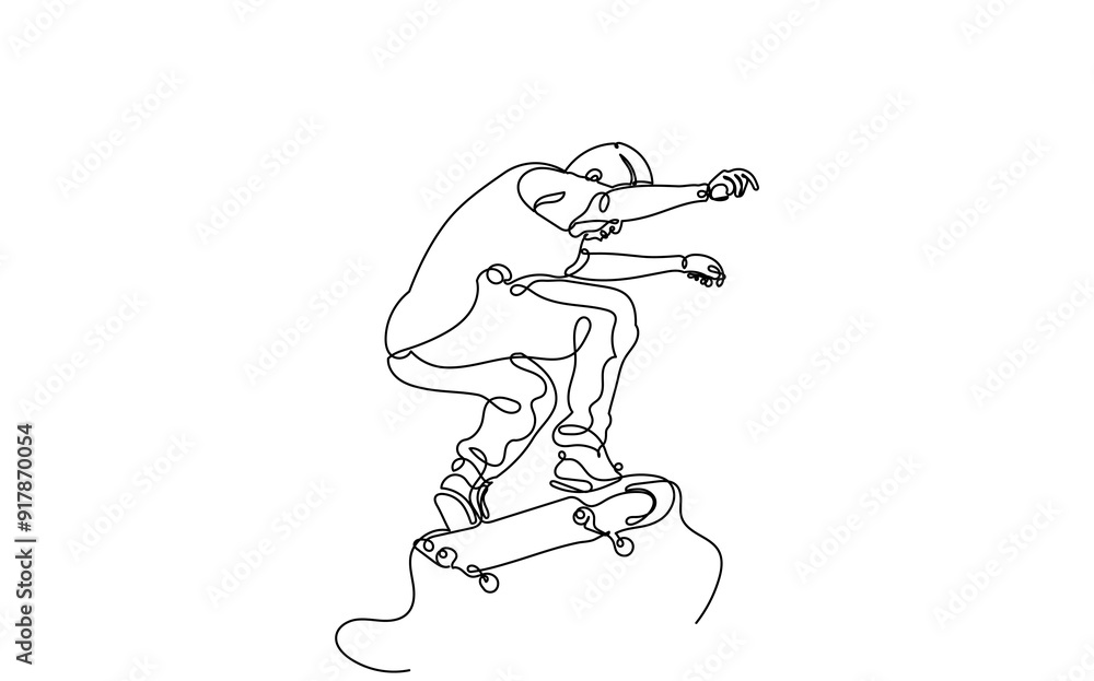 One Continuous line drawing of a skateboarder young teenage man. A Single-line skateboarder jumping boy playing with a skateboard isolated on a white background. One Continuous line drawing of a skateboarder young teenage man. A Single-line skateboarder jumping boy playing with a skateboard isolated on a white background.