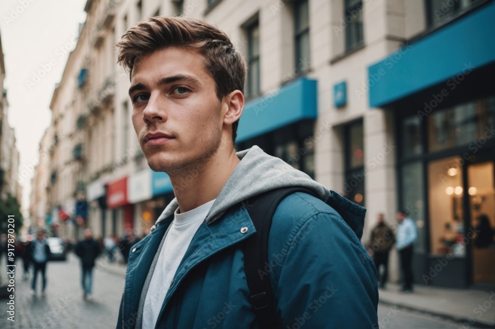 Fototapeta premium Low angle shot of young guy, standing in the urban block