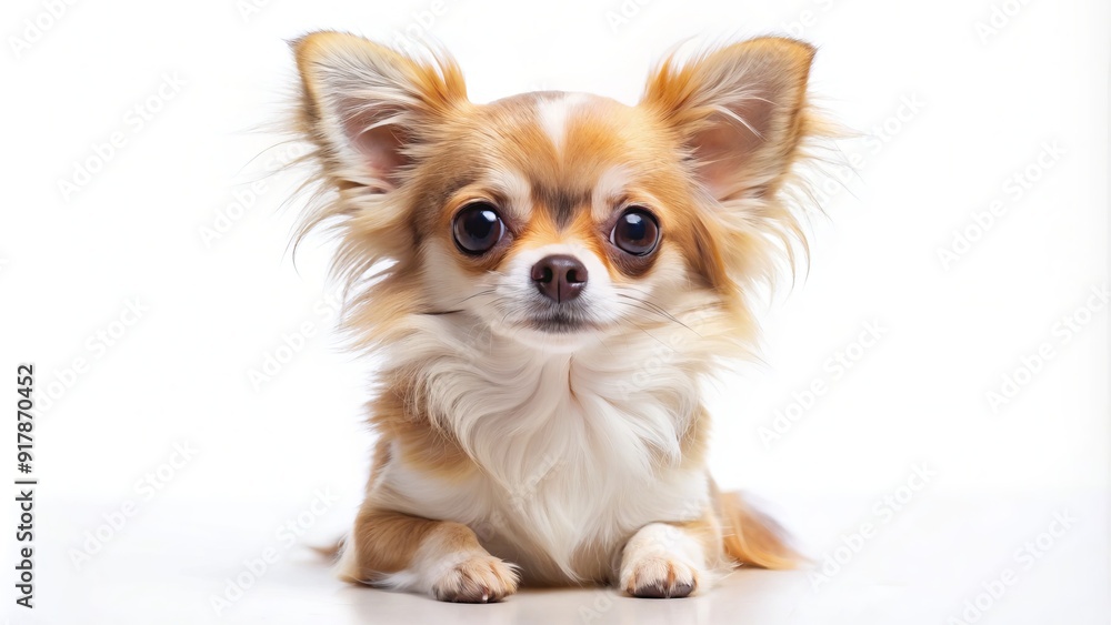 Adorable small Chihuahua with big brown eyes and fluffy coat sitting alone on a white background, showcasing its cute and innocent expression. Adorable small Chihuahua with big brown eyes and fluffy coat sitting alone on a white background, showcasing its cute and innocent expression.
