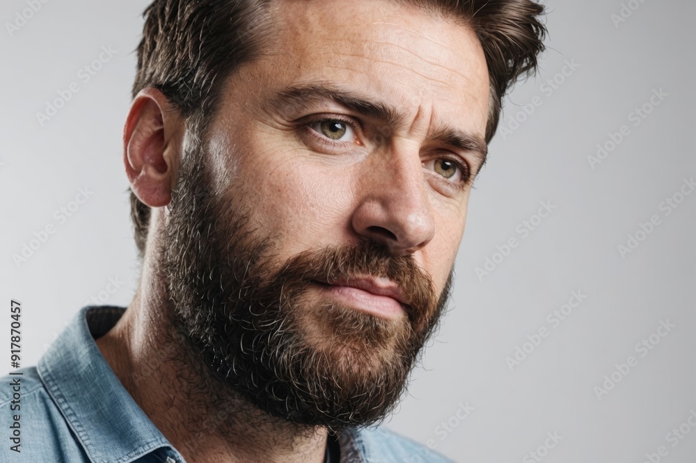 Obraz premium confident bearded guy in his 40s looking down from low angle view on white background in studio