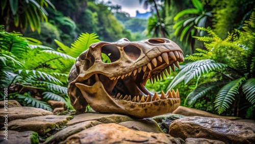 A fossilized dinosaur skull rests on a rocky terrain, surrounded by lush greenery, with its ancient, worn teeth and eye sockets telling a story of prehistoric life.
