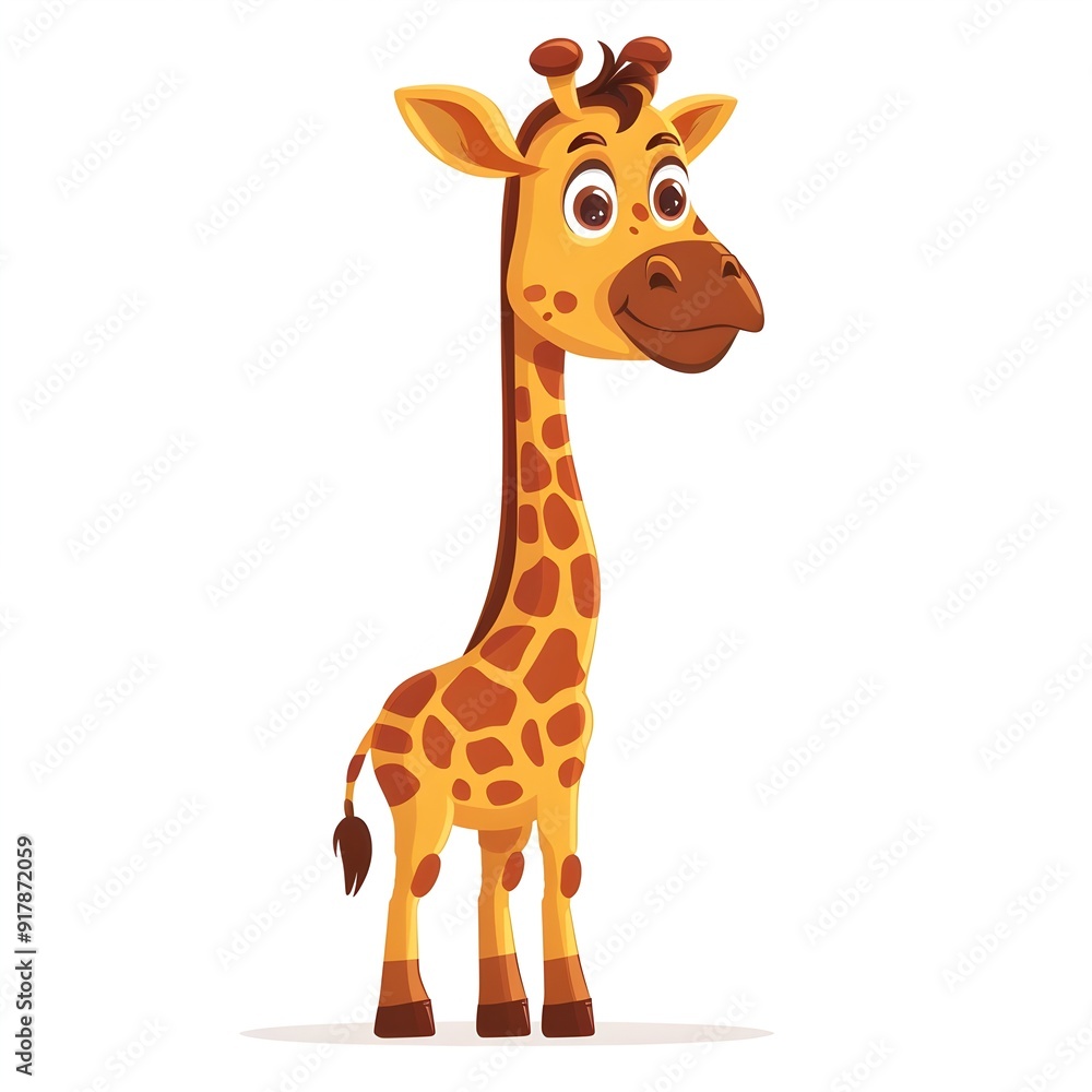 Cheerful Cartoon Giraffe with Detailed Spots and Long Neck on White Background Cheerful Cartoon Giraffe with Detailed Spots and Long Neck on White Background