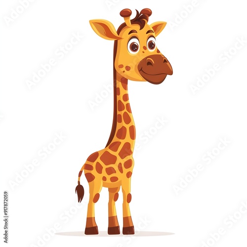 Cheerful Cartoon Giraffe with Detailed Spots and Long Neck on White Background