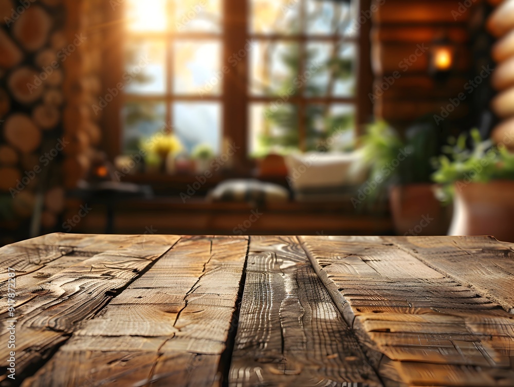 Rustic Wooden Table in Cozy Cabin Background for Warm Homey Product Display Concept Rustic Wooden Table in Cozy Cabin Background for Warm Homey Product Display Concept