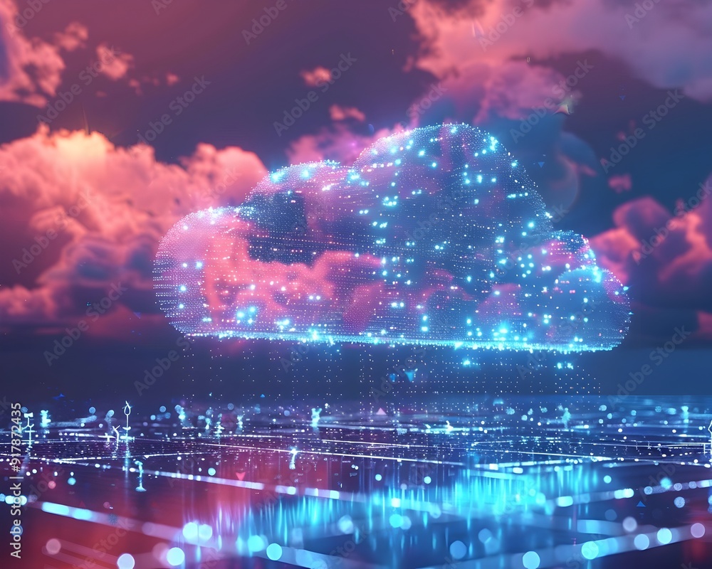 Obraz premium Glowing Digital Data Cloud Illuminating Cityscape at Night