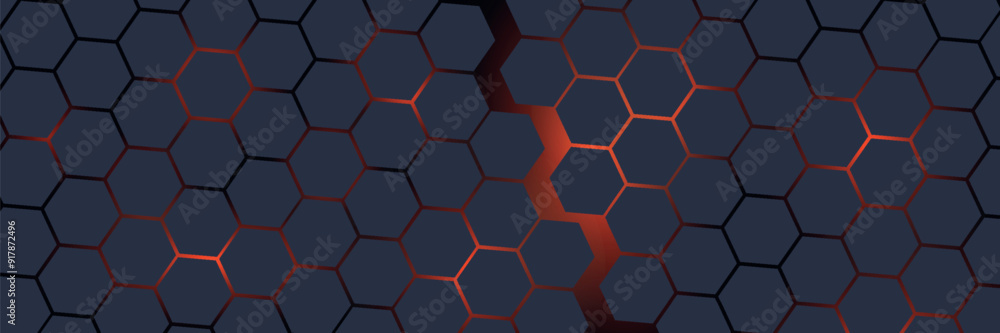 Obraz premium Dark gray and red horizontal hexagonal technology abstract vector background. Red bright energy flashes under the hexagon in a wide banner of futuristic modern technology. vector