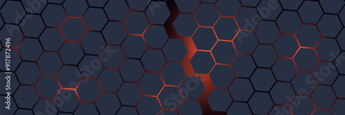 Dark gray and red horizontal hexagonal technology abstract vector background. Red bright energy flashes under the hexagon in a wide banner of futuristic modern technology. vector